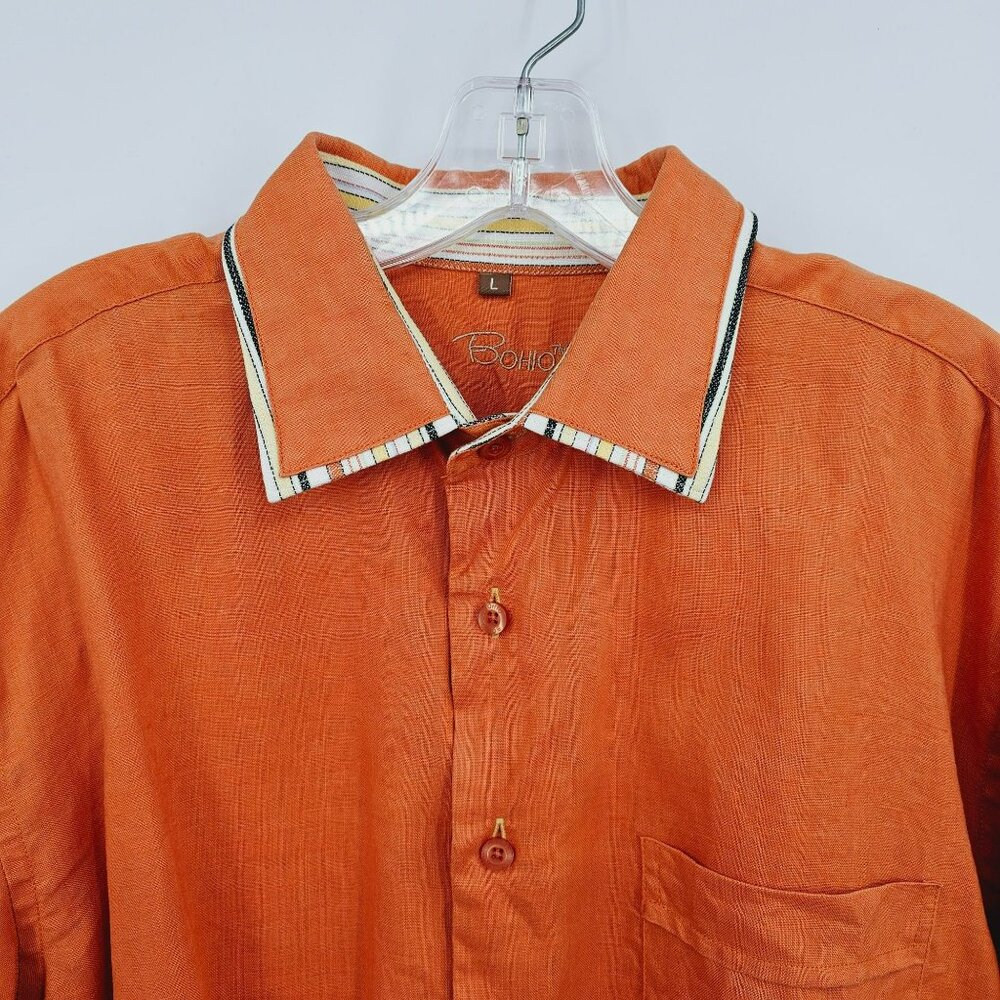 Bohio Button Up Shirt L Orange Linen Contrast Trim Long Sleeve Bright Flip Cuff